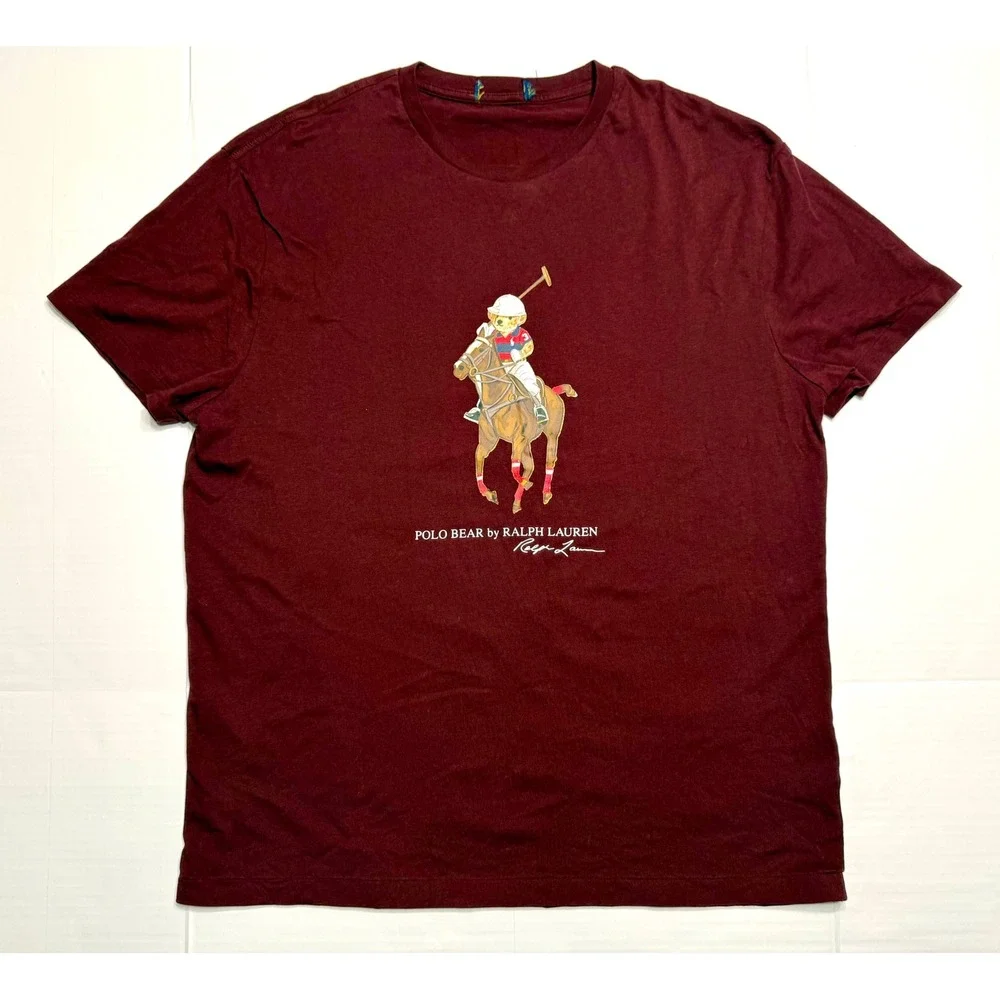 Ralph Lauren Polo Bear Horseback Vintage Single‎ Stitch Burgandy T Shirt Mens XL